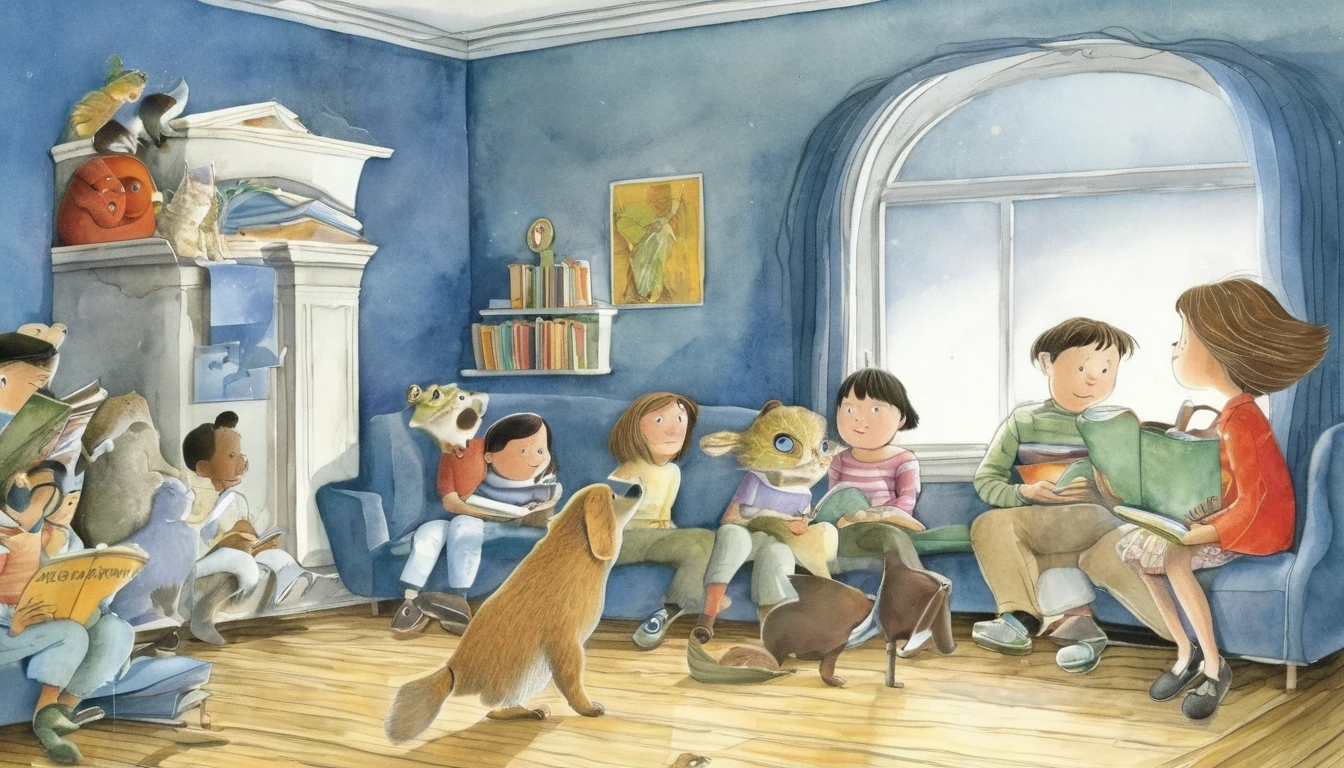 Create an illustration in the style of David Wiesner, the American illustrator, depicting a story about love and education.