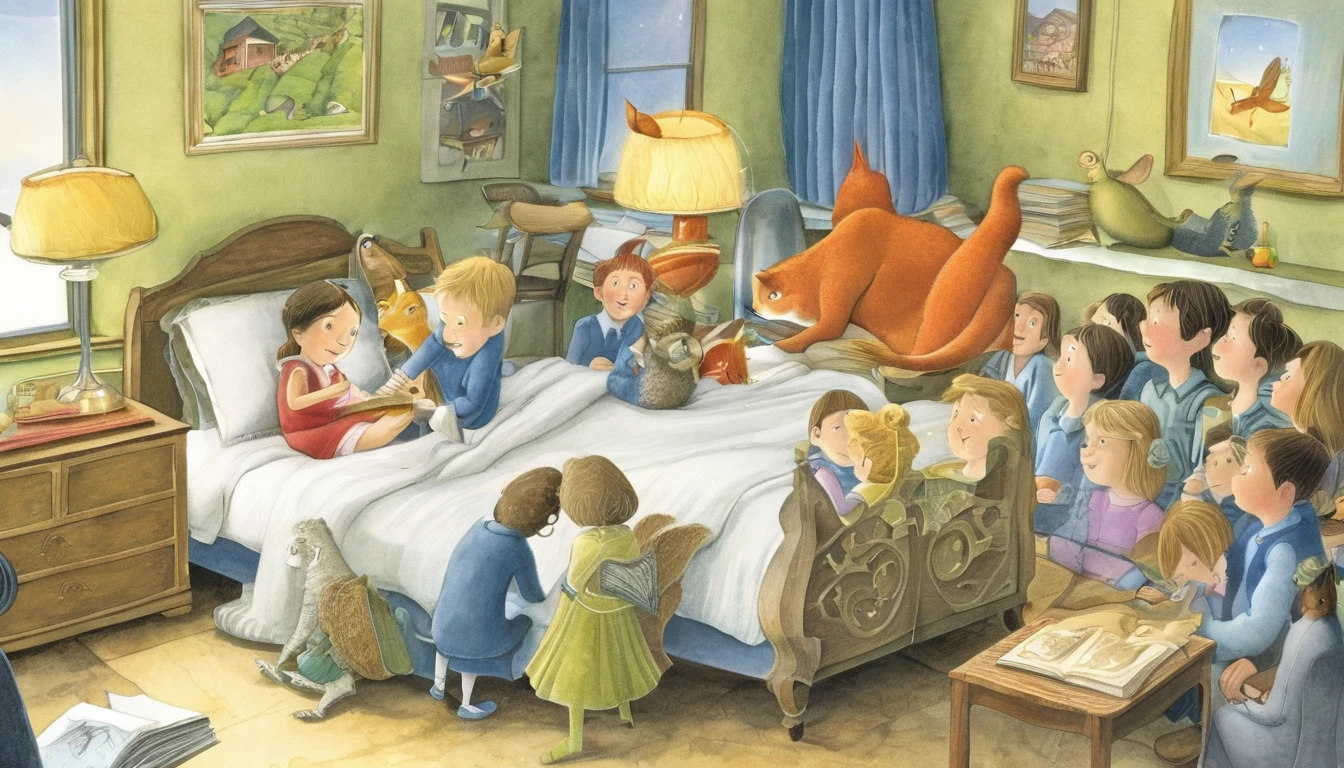 Create an illustration in the style of David Wiesner, the American illustrator, depicting a story about love and education.