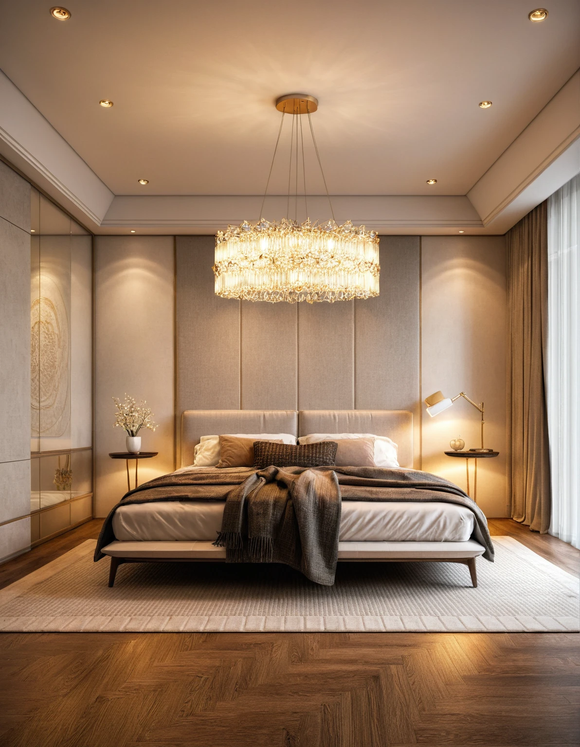 Raw photo,Masterpiece, high quality, best quality, authentic, super detail, interior, indoors, ((bedroom style modern luxury)), sunset, day light, bed, carpet, bedside cabinets, wood floor ,wardrobe, glass cabinet doors, chandeliers, windows, curtains, downlight, (flower vase)