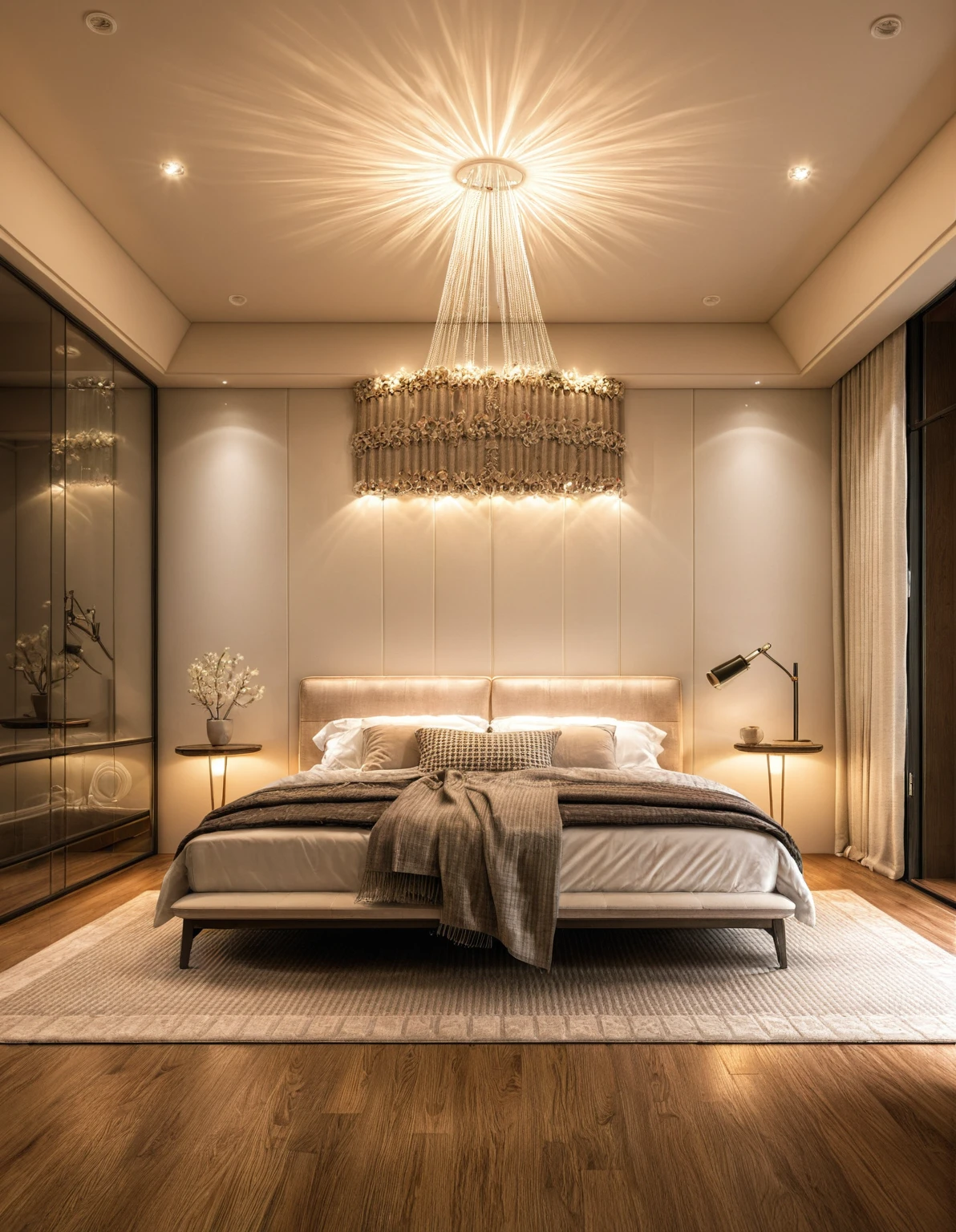 Raw photo,Masterpiece, high quality, best quality, authentic, super detail, interior, indoors, ((bedroom style modern luxury)), sunset, day light, bed, carpet, bedside cabinets, wood floor ,wardrobe, glass cabinet doors, chandeliers, windows, curtains, downlight, (flower vase)