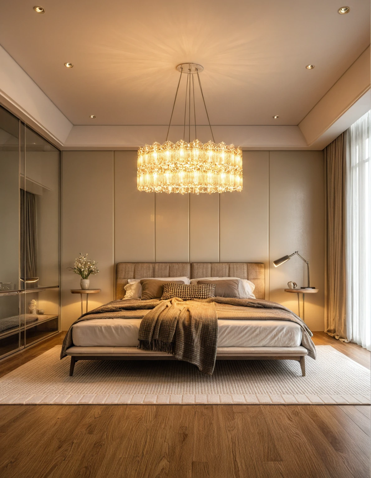 Raw photo,Masterpiece, high quality, best quality, authentic, super detail, interior, indoors, ((bedroom style modern luxury)), sunset, day light, bed, carpet, bedside cabinets, wood floor ,wardrobe, glass cabinet doors, chandeliers, windows, curtains, downlight, (flower vase)