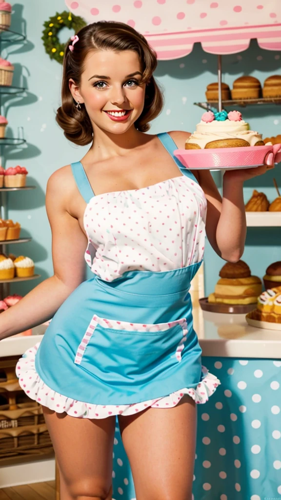 photo of a brunette pinup girl holding a cake in an apron in pinup style beautiful smile beautiful bakery bright light colors pastel mini skirt with polka dots posing in pinup style