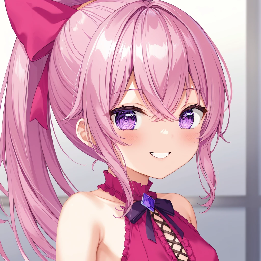 (((masterpiece)))(((Highest quality)))(((8K)))(((4K)))One 、 years old、Sair、(Pink Hair)Pink high ponytail、Ribbon on head、Crossed bangs、Light purple eyes、Squint your eyes、((Smile with your mouth closed))、(((Cute idol costumes)))、Small breasts、Diagonally from behind、turn around、Upper Body、Anime Style