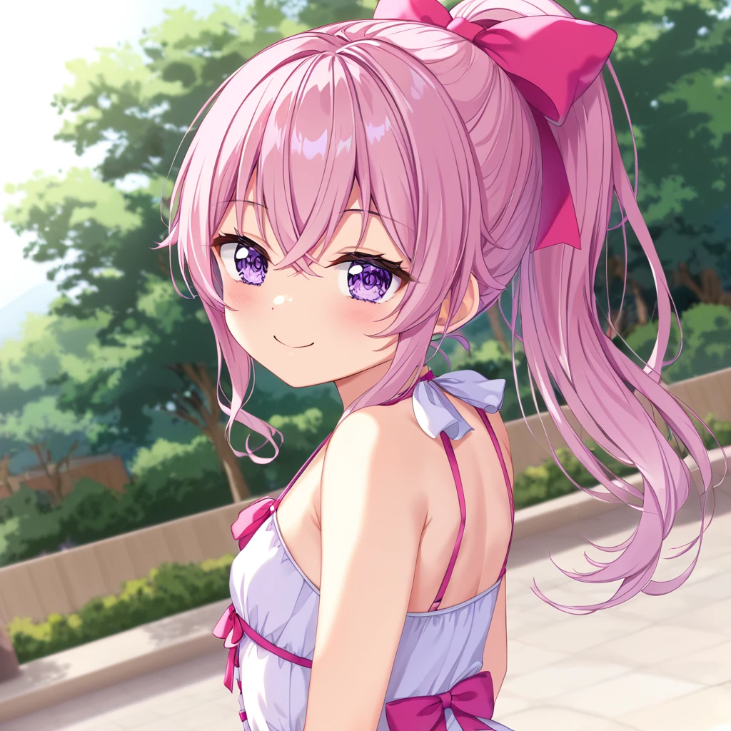 (((masterpiece)))(((Highest quality)))(((8K)))(((4K)))One Little Girl、 years old、Straight Hair、(Pink Hair)Pink high ponytail、Ribbon on head、Crossed bangs、Light purple eyes、Squint your eyes、((Smile with your mouth closed))、(((Cute Mini Dresses)))、Small breasts, from behind、turn around、Upper Body、Anime Style