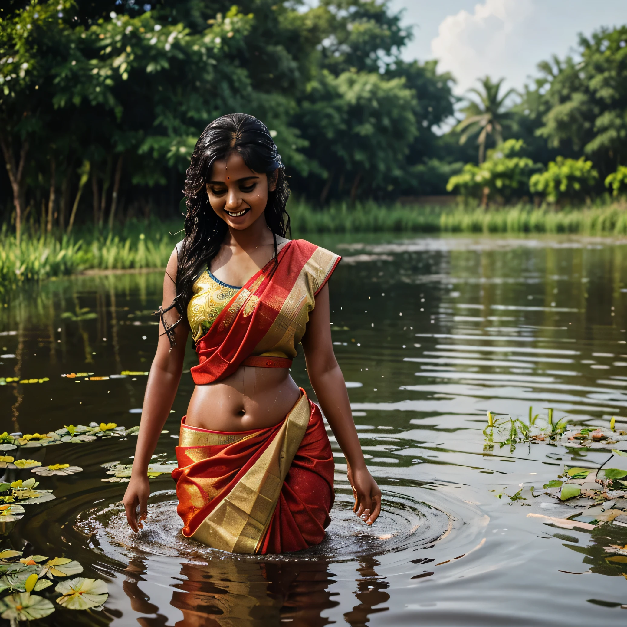 Tamil girl fallen in pond, soaked, drenched, wet clothes, saree, blouse, long skirt, cute, soaked, laughing, wet skin, wet hair, dripping wet, 1girl, solo, in water up to her waist, submerged, bright sunny day, summer heat, humid, HDR, hyper realistic, intricate detailing of face, yotta-pixel image, yocto-pixel detailing, SFW