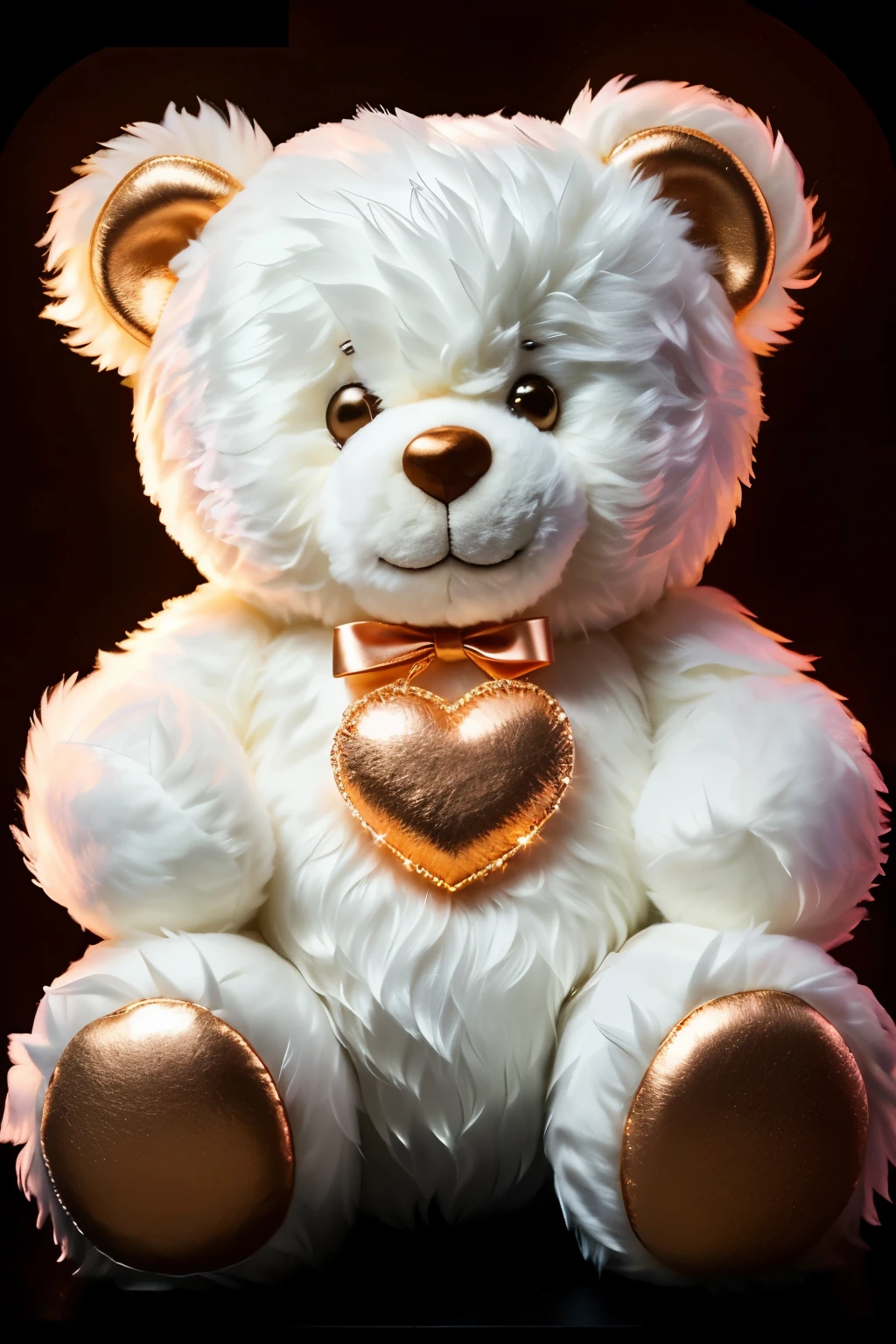A stunning 8K digital painting of a cute, fluffy white teddy bear holding a luminous light-up heart sign. The heart sign displays the phrases "Glenn" in romantic, anime-inspired typography. Surrounding the heart are mother-of-pearl micro hearts and micro luminous lights. The overall scene is set in a dark fantasy architecture, with intricate details and pastel colors, creating a romantic and vibrant atmosphere. The teddy bear's fur appears pearlescent, and the entire illustration is accentuated with rose gold accents, making it an ultra-detailed, 3D rendering of the scene