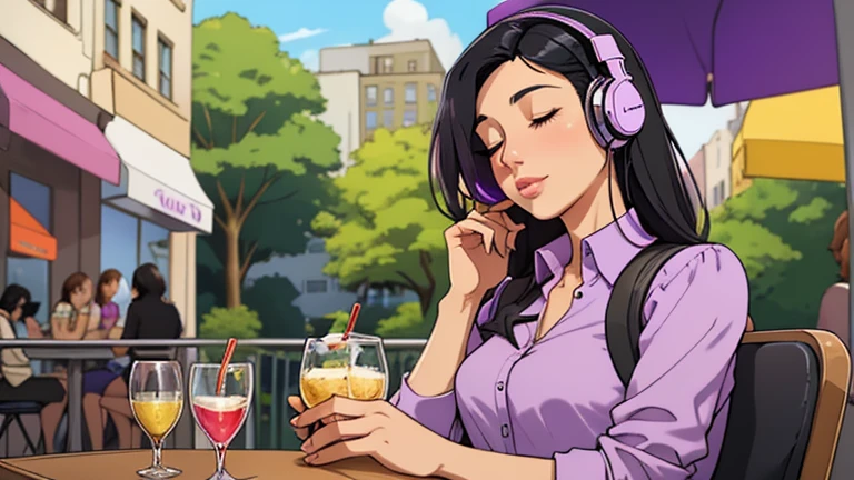 Beautiful woman in her 30s with black hair is sitting with headphones on the cafe terrace. Looking down, eyes closed, LOFI girl, alone in the room, purple blouse, relaxing mood, cozy, only five fingers, new york, colorful, Well-proportioned face, Beautiful human female fingers