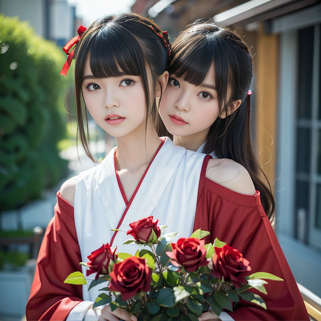 ulzzang-6500-v1.1, (highest quality, masterpiece), (raw photo: 1.2), (photorealistic: 1.4), highest quality, master, illustration, very tasty and beautiful, highly detailed CG, unity, 8k wallpaper, amazing, fine details, master masterpiece, best quality, official art, highly detailed CG unified 8k wallpaper, huge file size, Very detail, high resolution, 2-4 girls, (snugly next to each other without separation between characters), (no breaks in a single piece), teens to twenties, (representation of the human body based on precise anatomy), intricate details, crimson dress made of silk, see-through, dress that emphasizes the buttocks, girl in Japan uniform, (looks at the person next to you), (gaze is next to you), blonde, (very large breasts ))), (big buttocks), thin thighs, very beautiful eyes, bright ultramarine eyes, detailed pupils reflecting light, the iris of the eyes is painted with fine patterned details, natural eyeshadow, the body has realistic shading that assumes a light source, cute girl and mature beauty, whitening skin, baby face, (various poses before and after standing or squatting or sleeping), poses that emphasize the buttocks, blush, do not want to hide your buttocks, ecstatic look, troubled look, slight smile, many races, show off plump ass, people who firmly believe that buttocks are important and want to show off their ass, bare posture, floral ornament on head, hugging and caressing cheeks with people next to each other, holding hands, touching neighbor's cheeks, NSFW, beautiful garden with flowers, clear sunshine,