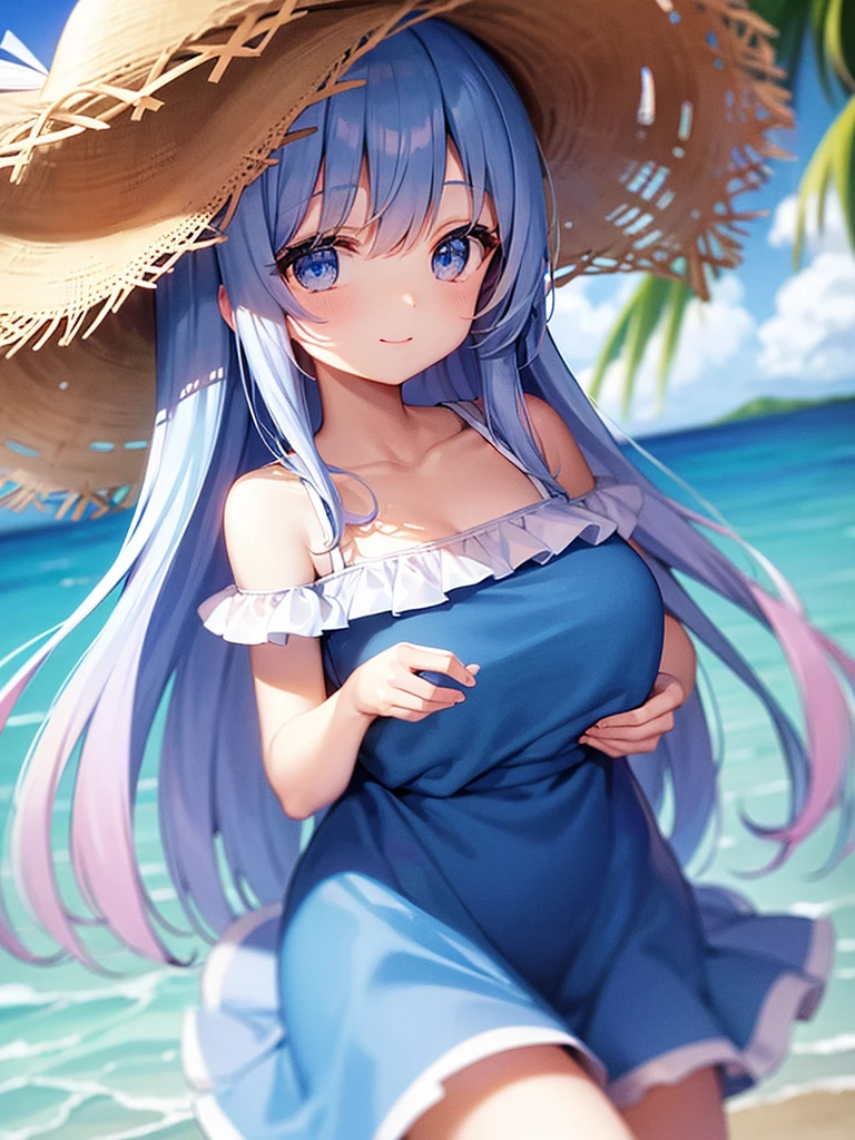 Ocean、blue sky、One girl、Pink and light blue hair、bangs、Big Eyes、White dress、Straw hat、Looking this way and smiling、Highest品質, High definition, Ultra-fine, Highest_detailed