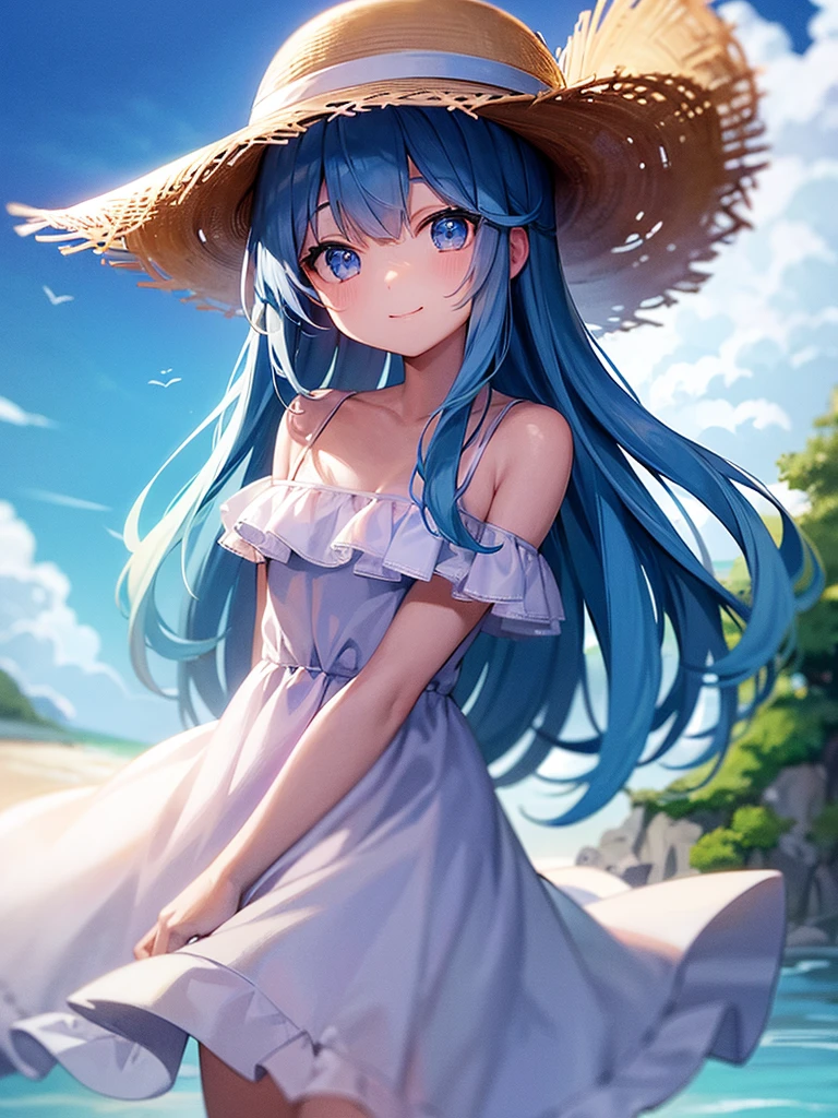 Ocean、blue sky、One girl、Pink and light blue hair、bangs、Big Eyes、White dress、Straw hat、Looking this way and smiling、Highest品質, High definition, Ultra-fine, Highest_detailed