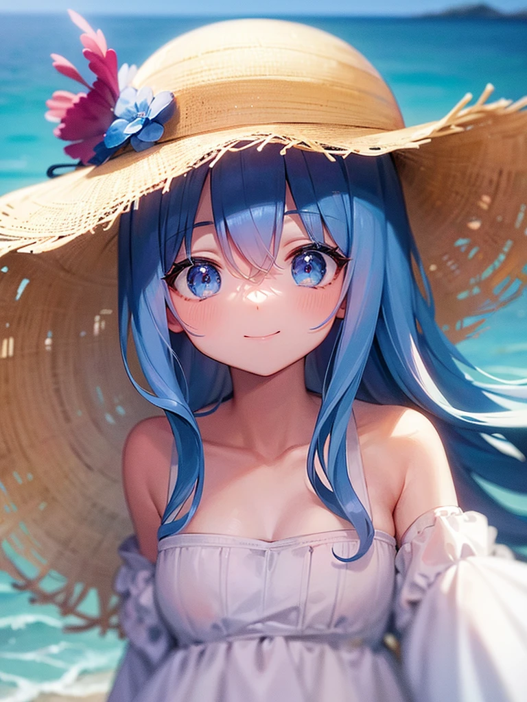 Ocean、blue sky、One girl、Pink and light blue hair、bangs、Big Eyes、White dress、Straw hat、Looking this way and smiling、Highest品質, High definition, Ultra-fine, Highest_detailed