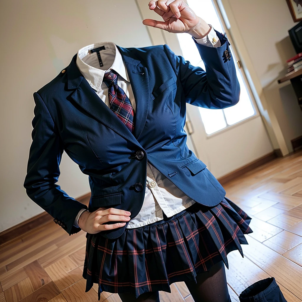 (invisible, no humans, headless, handless, faceless:1.5),(cute big breasts), dark blue sweater, necktie,white collared shirt,blue pleated skirt, pantyhose,school emblem, st. gloriana's school uniform, (8k, RAW photo, best quality, masterpiece:1.2), (realistic, photo-realistic:1.37), photon mapping, radiosity, ((Hasselblad photography)), physically-based rendering