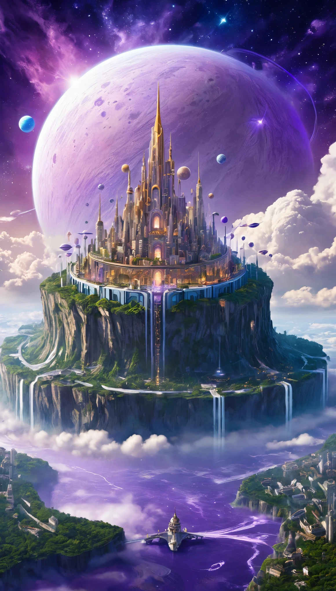 ((masterpiece)), best quality, (8K, best quality, masterpiece:1.2), Extremely detailed, illustration, Big Fantasy City, Science fiction, The Empty City, Floating city, There are many planets in the sky, There are clouds around, Celestial Architecture, Purple energy leaves scars, Giant castle in the center, Starry Sky