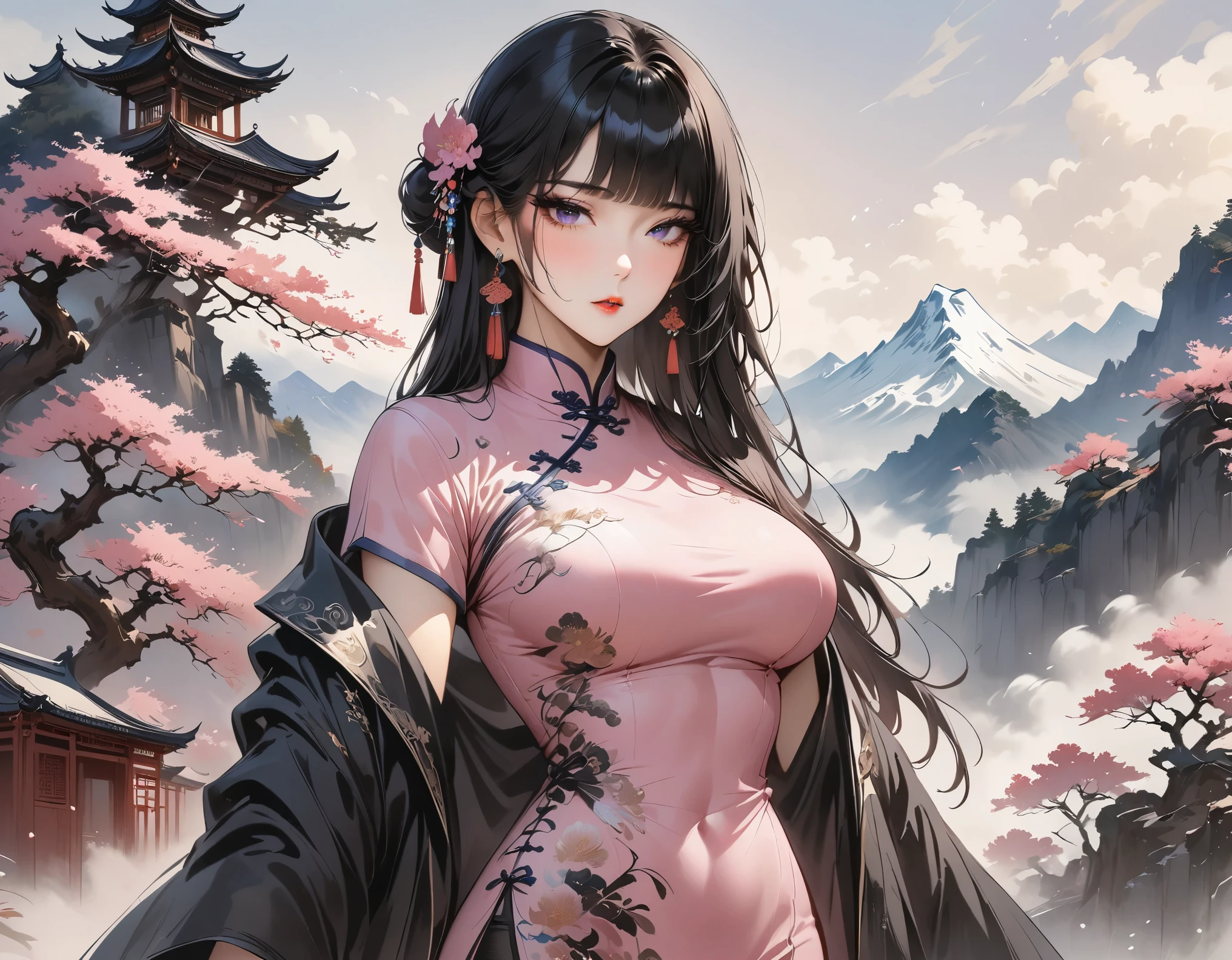 (Masterpiece, Best Quality: 1.3), 1girl, (Conservatively Dressed: 1.8), pink-purple cheongsam, pink-purple qipao, (Mature: 1.4), Cold Eyes, Gorgeous Accessories, very aesthetic, national painting, Clothing ink painting style, gradient hair, blunt bangs, blunt bangs, high detail, cowboy shot, Masterpiece, super detail, best quality
