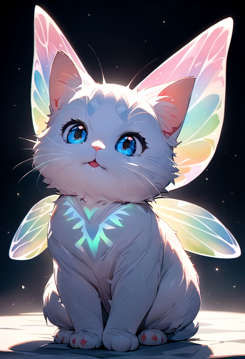 masterpiece, best quality, 8K, High Detail, Ultra Detail, A cute kitten, Light Blue,With holographic ornate design, Light pink and white, Nearly perfect,There are fairy transparent colorful wings