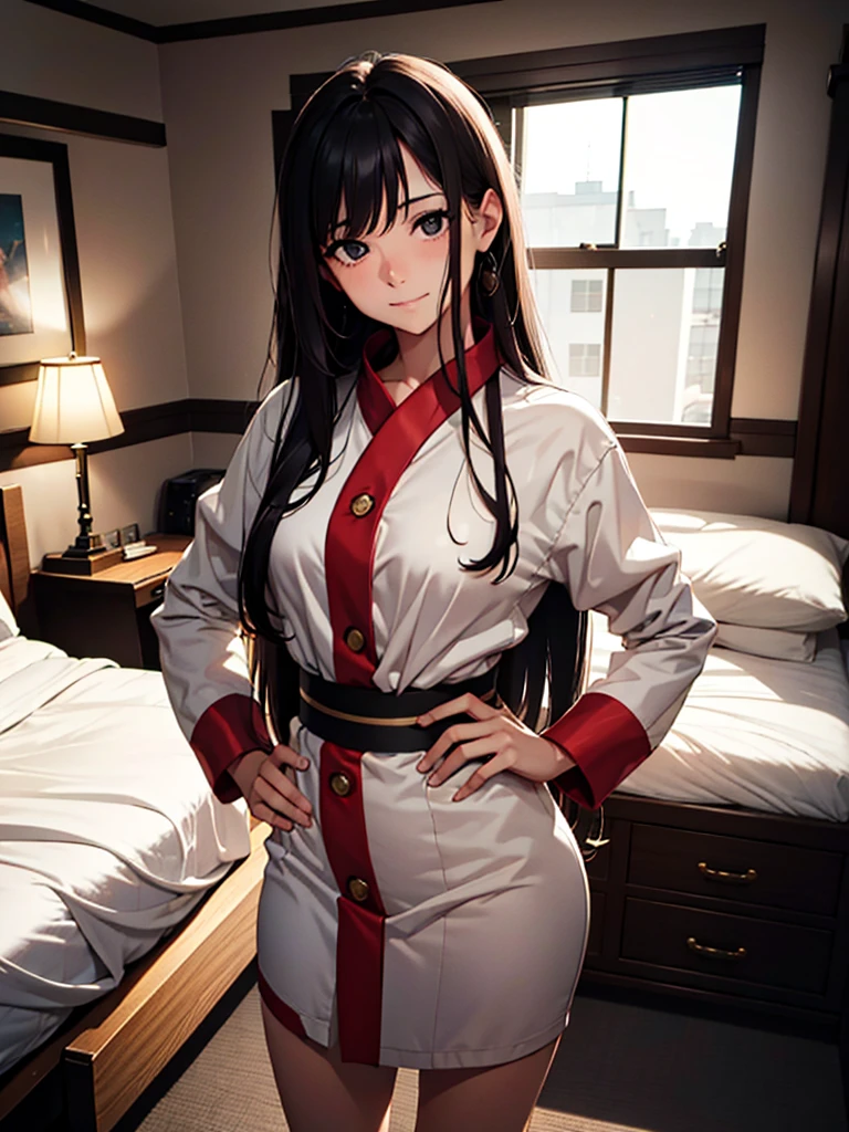 (masterpiece、top-quality、hight resolution、Unity 8k Wallpaper、extremely details CG:1), In a dimly lit hotel room, standing before her is the prostitute she is about to have sex with, and she immediately recognizes him as the delinquent girl who used to bully her in school. Her expression is a mixture of surprise and amusement as she realizes his true identity. She stands with one hand on her hip and a mischievous smile on her face, clearly enjoying his discomfort. The room is simple, the bed, nightstand, and dim lighting creating an intimate yet tense atmosphere. The focus is on the woman's facial expressions and body language, highlighting the awkward and unexpected reunion. nsfw
