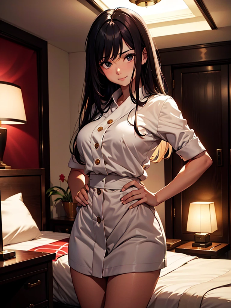 (​masterpiece、top-quality、hight resolution、Unity 8k Wallpaper、extremely details CG:1), In a dimly lit hotel room, standing before her is the  she is about to have  with, and she immediately recognizes him as the delinquent girl who used to bully her in school. Her expression is a mixture of surprise and amusement as she realizes his true identity. She stands with one hand on her hip and a mischievous smile on her face, clearly enjoying his discomfort. The room is simple, the bed, nightstand, and dim lighting creating an intimate yet tense atmosphere. The focus is on the woman's  expressions and body language, highlighting the awkward and unexpected reunion. 