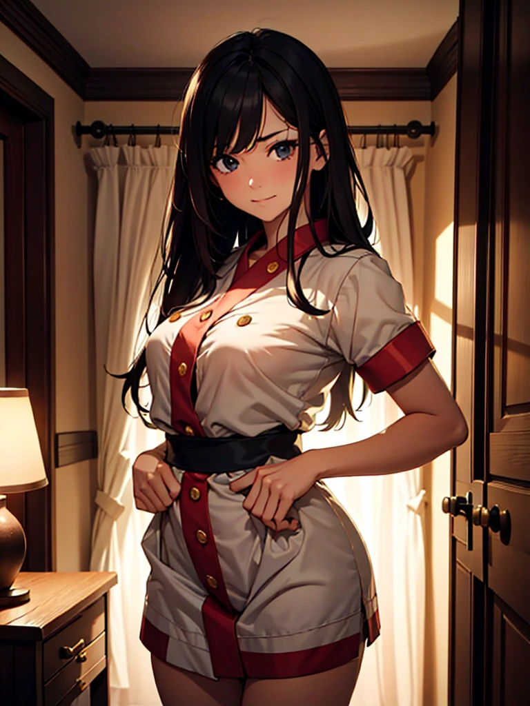 (masterpiece、top-quality、hight resolution、Unity 8k Wallpaper、extremely details CG:1), In a dimly lit hotel room, standing before her is the prostitute she is about to have sex with, and she immediately recognizes him as the delinquent girl who used to bully her in school. Her expression is a mixture of surprise and amusement as she realizes his true identity. She stands with one hand on her hip and a mischievous smile on her face, clearly enjoying his discomfort. The room is simple, the bed, nightstand, and dim lighting creating an intimate yet tense atmosphere. The focus is on the woman's facial expressions and body language, highlighting the awkward and unexpected reunion. nsfw