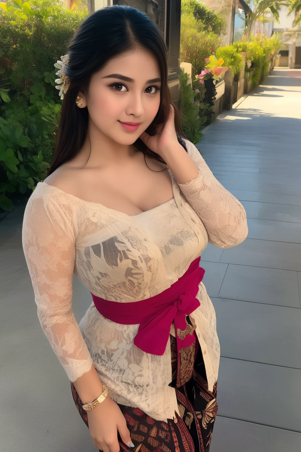 (A voluptuous, curvy woman poses for a picture. Photo realistic of beautiful Asian. mix4, (8k, RAW photo, best quality, masterpiece:1.2), (realistic, photo-realistic:1.37), 1girl, cute, indonesian clothes, bali, balinese, cityscape, kebaya_bali, night, rain, wet, professional lighting, photon mapping, radiosity, Physically-based rendering, gradient brunette hair, long black hair, handsome, girly, white ball set, natural breasts, superb picture quality, high resolution, 1080p, (clear face), (detailed face description), (detailed hand description), (masterpiece), (exquisite CG), extreme light and shadow, messy hair, masterpiece, rich detail, (exquisite facial features), (highest image quality), (masterpiece), (detailed eyes), look forward to your eyes, delicate collarbone, kebaya_bali, taniaayusiregar