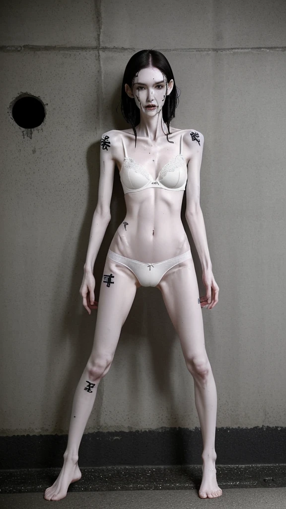 a woman, very thin body, body visible bones, very slender, sweaty wet body, pale white skin, panties, bra,tatto, full body, has a mental breakdown in an underground prison,