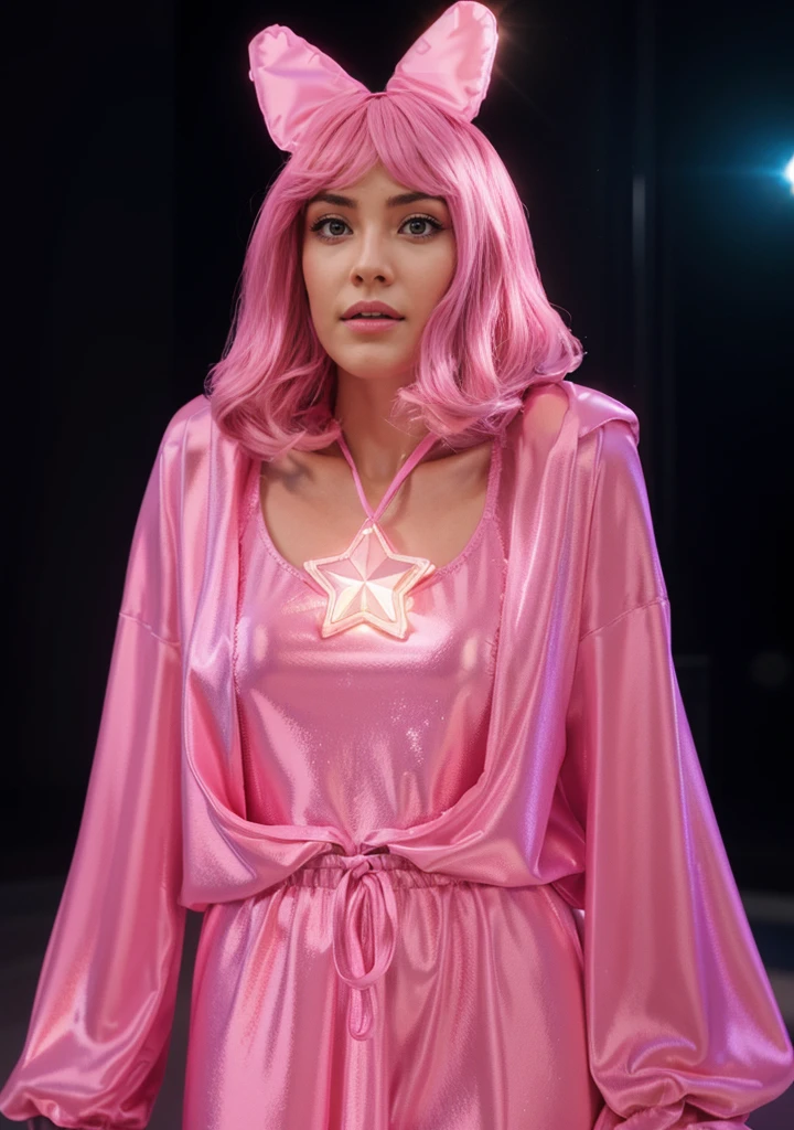 The image shows a woman with a pink wig, wearing a pink dress, and a pink star on her neck, smooth 3d model, glossy plastic texture, multiple light sources, rim light, sharp post effects render, most beautiful vfx, , realistic, 4k, high resolution, rim light, smooth 3d model. , glossy texture, smooth 3d model, multiple light sources, rim light, sharp post effects render, (glossy plastic texture with multiple big light probe refractions), perfect cgi, reflective, best quality, 4k, masterpiece:1.2, ultra-detailed, realistic, vivid colors, The image of the highest quality, ensuring every detail showcased perfectly. It in 4k resolution, allowing viewers to immerse themselves in the richness of the colors and intricate details. The realistic rendering. under the spotlight, reflecting, high-resolution image, realistic rendering