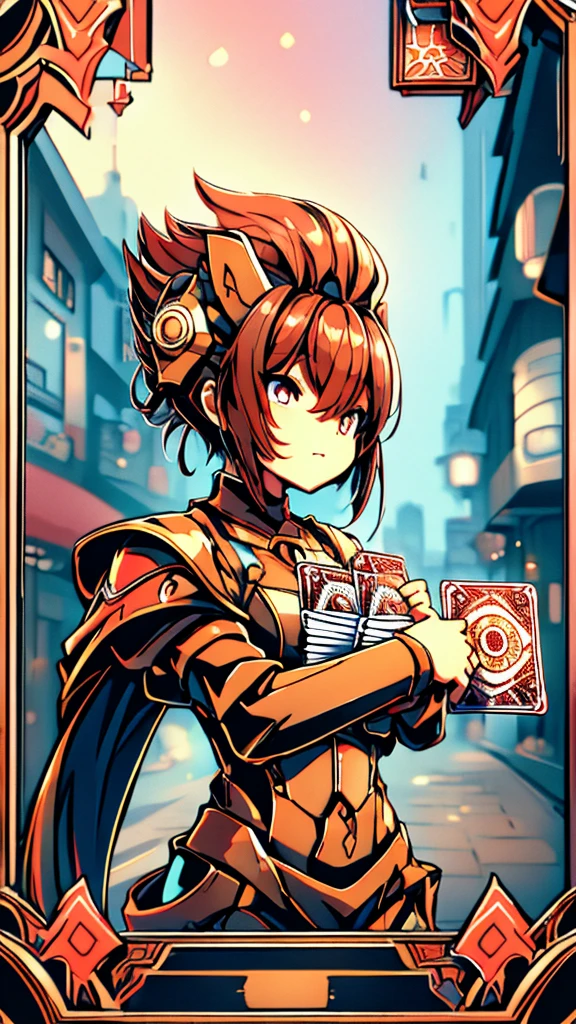 Cards,There are many cards floating in the sky,Girl holding cards,Girl holding a card,Fantasy style,Magic Style,Sci-fi style,Sci-fi style与Magic Style,A girl holding a card with many cards floating behind her,Girl holding a card between two fingers,Girl holding cards,Correct human body structure,Correct body proportions,Girl holding a card,Girl holding cards,The girl holds a card in her hand,Street background,现代Street background,现代都市Street background,Magic Style的背景,Modern urban background,Cards floating in the sky,Cards floating in the background,Upper body close-up,Close-up above the waist,背景中有很多Cards floating in the air,Cards floating in the air,Tarot cards floating in the air