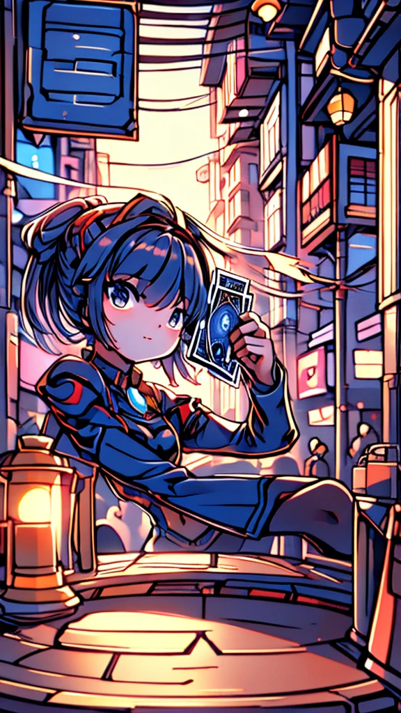Cards,There are many cards floating in the sky,Girl holding cards,Girl holding a card,Fantasy style,Magic Style,Sci-fi style,Sci-fi style与Magic Style,A girl holding a card with many cards floating behind her,Girl holding a card between two fingers,Girl holding cards,Correct human body structure,Correct body proportions,Girl holding a card,Girl holding cards,The girl holds a card in her hand,Street background,现代Street background,现代都市Street background,Magic Style的背景,Modern urban background,Cards floating in the sky,Cards floating in the background,Upper body close-up,Close-up above the waist,背景中有很多Cards floating in the air,Cards floating in the air,Tarot cards floating in the air