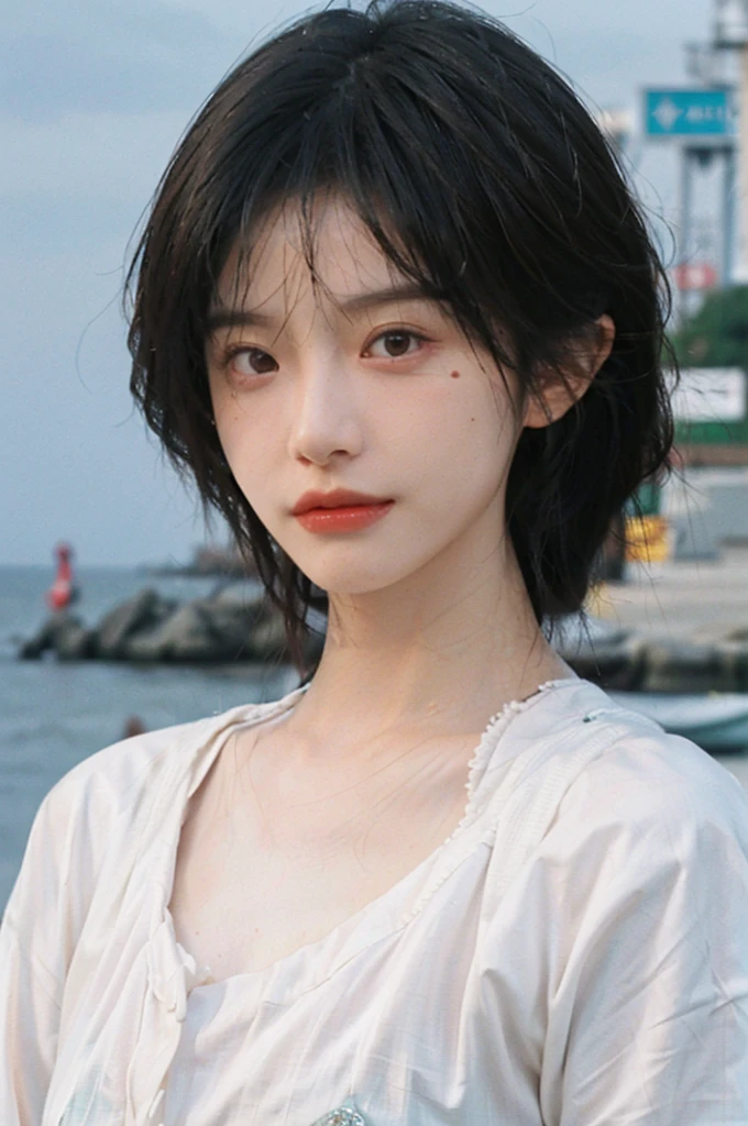 (Skin details:1.4), (Smooth skin texture:1.3), Direct vision, earrings, serene, calm, (Realistic and detailed eyes:1.2), Natural skin texture, Realistic facial details, Soft dramatic lighting, Vivid details, 35 mm film, outdoor, (Photo actual:1.4), (hyper actual:1.4), (actual:1.3), (Smoother lighting:1.05), (Improve lighting quality:0.9), (Highest quality real skin textures:1.4), Exquisite eyes, Delicate face, (Close-up of face, (Enhance the beauty of skin texture:1.1), Hair details, Noble temperament, Normal body proportions, short hair, mole under eye, Seaside background, seaside, Portrait Photography, Depth of Field, Bokeh, Surrealism, Ray tracing, (Portrait Photography:1.1), Surrealism, high detail, chiaroscuro, ray tracing, reflection light, UHD, UHD, masterpiece, textured skin, super detail, high details, high quality, best quality