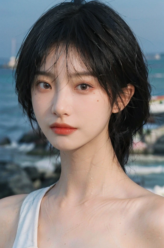 (Skin details:1.4), (Smooth skin texture:1.3), Direct vision, earrings, serene, calm, (Realistic and detailed eyes:1.2), Natural skin texture, Realistic facial details, Soft dramatic lighting, Vivid details, 35 mm film, outdoor, (Photo actual:1.4), (hyper actual:1.4), (actual:1.3), (Smoother lighting:1.05), (Improve lighting quality:0.9), (Highest quality real skin textures:1.4), Exquisite eyes, Delicate face, (Close-up of face, (Enhance the beauty of skin texture:1.1), Hair details, Noble temperament, Normal body proportions, short hair, mole under eye, Seaside background, seaside, Portrait Photography, Depth of Field, Bokeh, Surrealism, Ray tracing, (Portrait Photography:1.1), Surrealism, high detail, chiaroscuro, ray tracing, reflection light, UHD, UHD, masterpiece, textured skin, super detail, high details, high quality, best quality