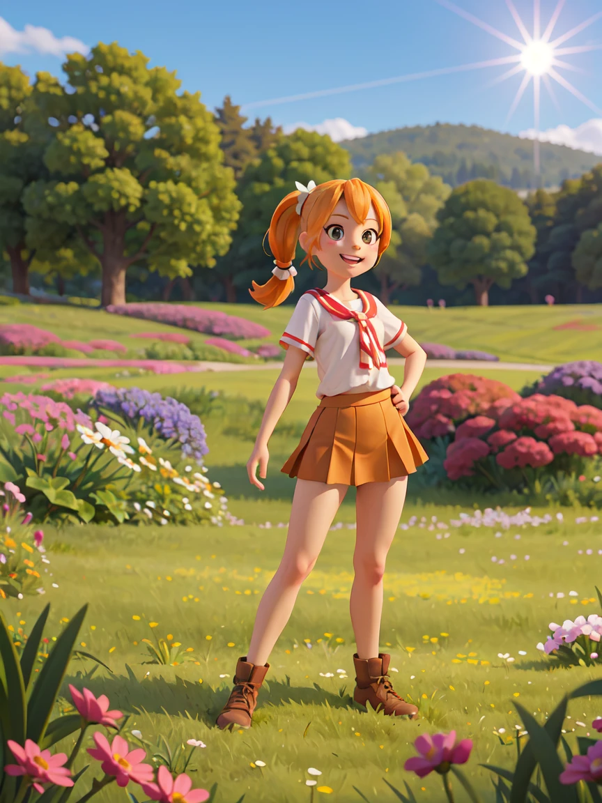 A ,Normal body proportions,Naughty,Exaggerated actions,Smiling and making faces, Brown Ponytail,Short orange skirt,Standing on a meadow full of flowers,Sunshine on the face,Medium shot,Studio Gippley style,Miyazaki style,2.5D,Game texture,lifelike