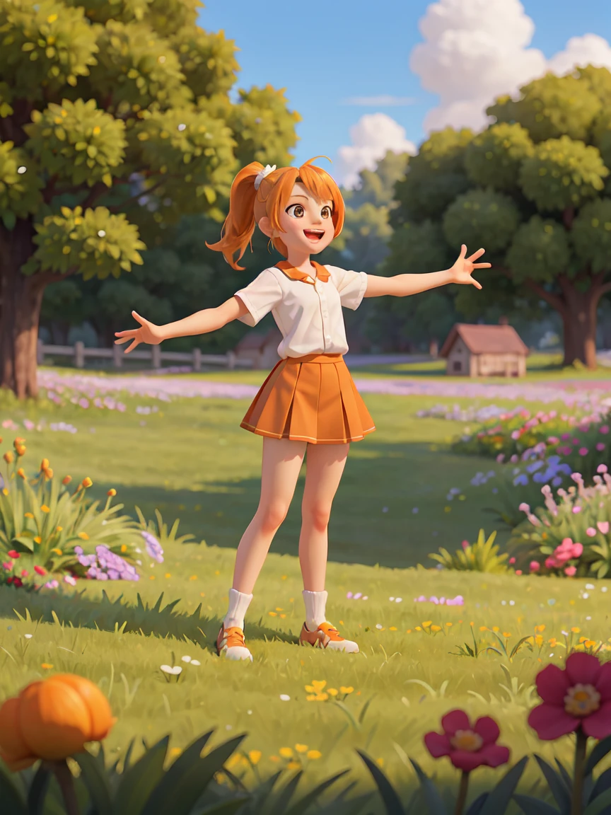 A 10-year-old girl,Normal body proportions,Naughty,Exaggerated actions,Smiling and making faces, Brown Ponytail,Short orange skirt,Standing on a meadow full of flowers,Sunshine on the face,Medium shot,Studio Gippley style,Miyazaki style,2.5D,Game texture,lifelike