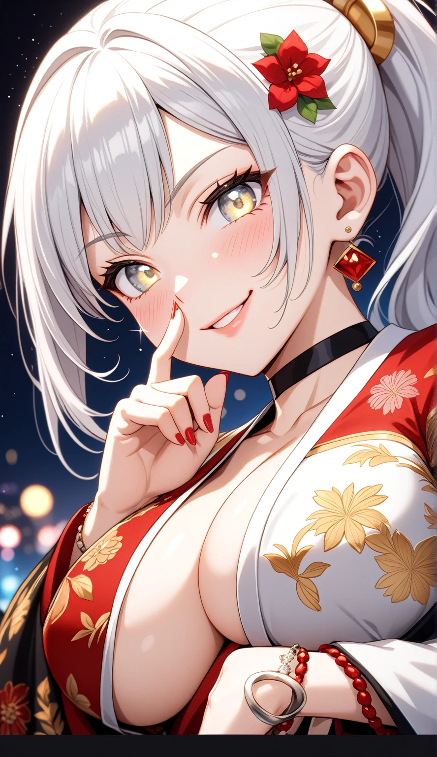 ((One personの女性)), Beautiful Face,((smirk)),((Wink:1.9)),((Finger touching lips)), Laugh with your mouth wide open,((Bright red cheeks:1.4)),Shiny red lips,night,rooftop,Festive decorations,You can see the ocean, firework,Laughing with your mouth open,Glossy pink lips,Facial lighting,((Anime style background)),masterpiece, Highest quality, so beautiful,up to date, Complex details, (Pink long nails),(ring),(bracelet),(choker),AI-generated, Complex,High resolution, Highest quality, super high quality,3D Images、3D Images,One person,Long white hair,High Ponytail,(White eyes),Anime woman posing for a photo, ((fine grain、Silvery white colorful eyes、Shining Eyes:1.4)),(Squint your eyes:1.1),a hyperRealistic , hyperRealistic , Realistic,Anime woman with long white hair, Smooth anime CG art, A woman in a colorful kimono with gold embroidery, (Black long sleeve kimono),Red floral pattern,Long flower hair ornament,big floral earrings,Mature Body,(Big Breasts:1.1),expensive,Abdominal muscles,Tight waist,(Zoom up to face:1.7),Shooting from diagonally below