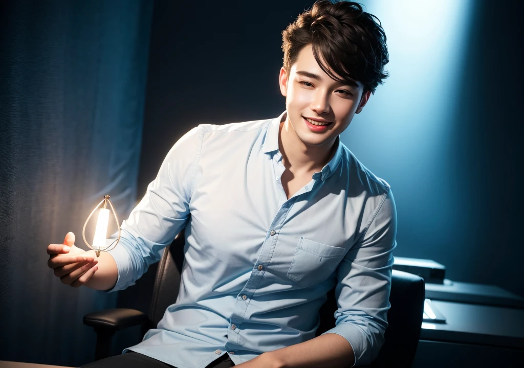happy young man producing with light 3d realistic light blue lighting