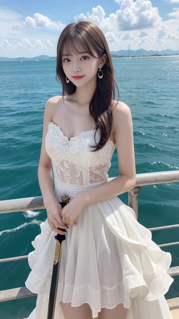 (masterpiece), ((Highest quality)), (Very detailed), ((very delicine and beautiful)), (Unbelievably absurd))), (Perfect body))), 1 Girl, Glowing White Particles, Finding, Holding_sword, Blonde Bob, Red eyes, , Outdoor, null, Aura full body, big, white tintered dress, Bare shoulders, A small smile, Ocean + background, Wind, Perfect hands, Hand Detail, Modified fingers. Earrings, Looking_in_Audience, Cowboy Shot, Rich details, Perfect image quality