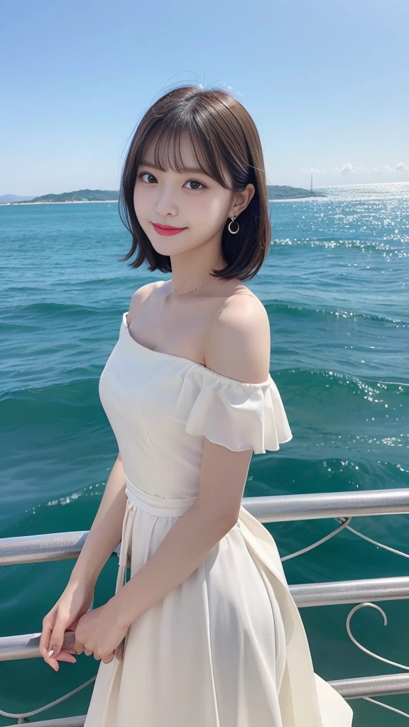 (masterpiece), ((Highest quality)), (Very detailed), ((very delicine and beautiful)), (Unbelievably absurd))), (Perfect body))), 1 Girl, Glowing White Particles, Finding, Holding_sword, Blonde Bob, Red eyes, 17 years old, Outdoor, null, Aura full body, big, white tintered dress, Bare shoulders, A small smile, Ocean + background, Wind, Perfect hands, Hand Detail, Modified fingers. Earrings, Looking_in_Audience, Cowboy Shot, Rich details, Perfect image quality