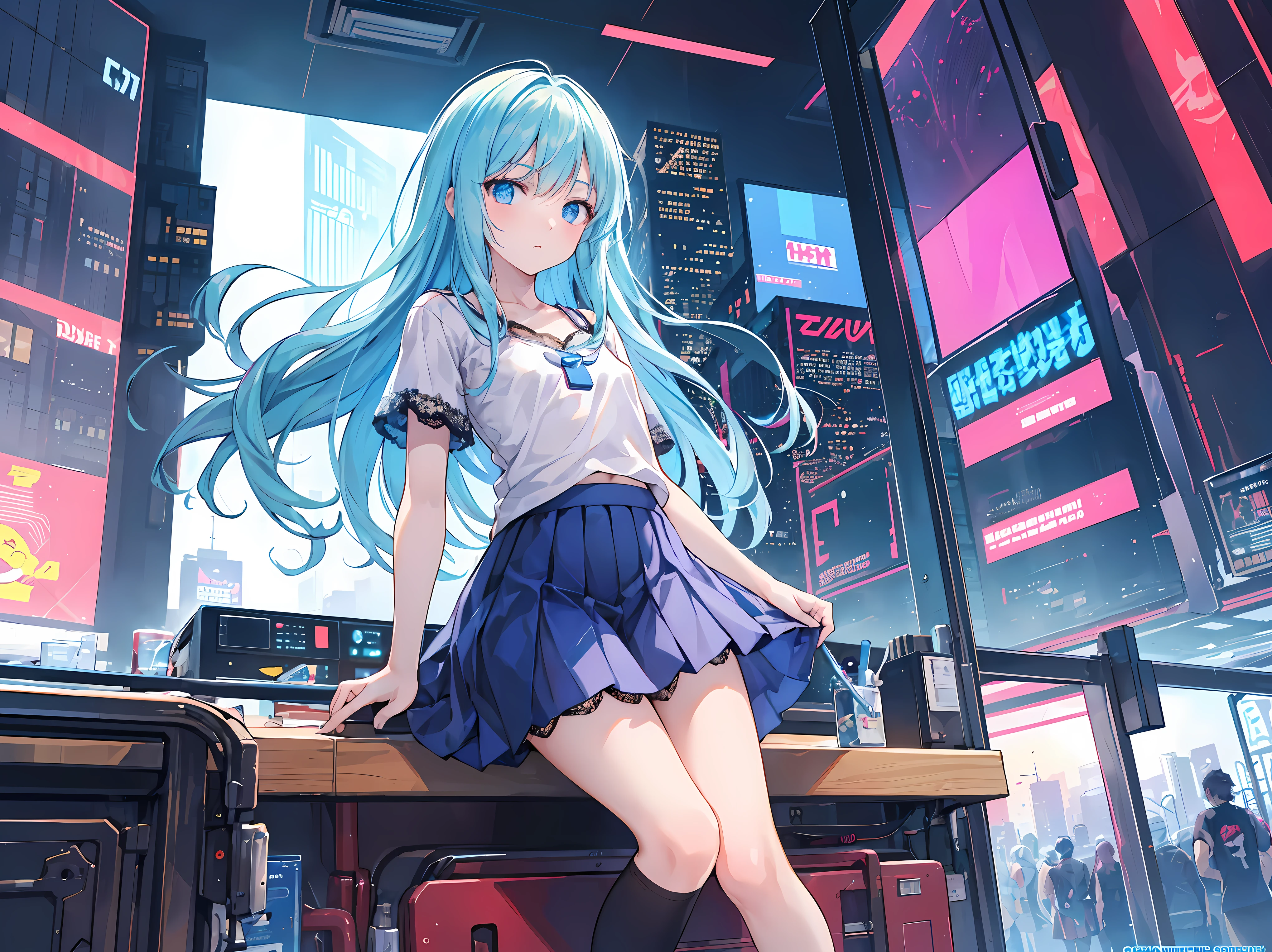 (masterpiece:1.2), best quality, highres, original, (extremely detailed:1.2), ultra-detailed, wallpaper, perfect lighting,(extremely detailed CG:1.2), 8k, anime illustration, 1boy, cross-dressing, long hair, light-blue hair, (cyberpunk fashion, short-sleeved T-shirt, knee-length skirt, lace hemline, delicate clothes, flat chest:1.2), flying a high-tech aircraft, futuristic city background, sci-fi city, (anatomically correct: 1.3)
