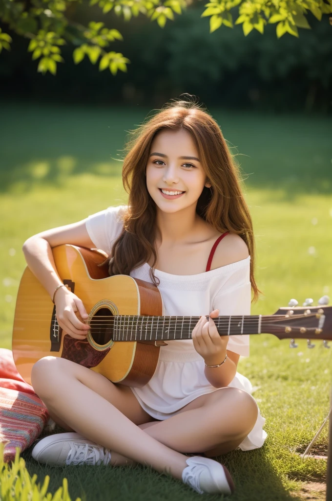 Generate an ultra-realistic image of Sophia Garcia, a 20-year-old Turkish woman, sitting on lush green grass in a peaceful outdoor setting. Sophia is playing the guitar with skill and enthusiasm, and she has a joyful smile on her face. The natural surroundings should be realistically depicted, with a focus on the serene and harmonious atmosphere. Sophia has orange colored light hair and brown eyes, and Turkish face features. Emphasize the ultra-realistic quality of the image, aiming for a photograph-like level of detail.