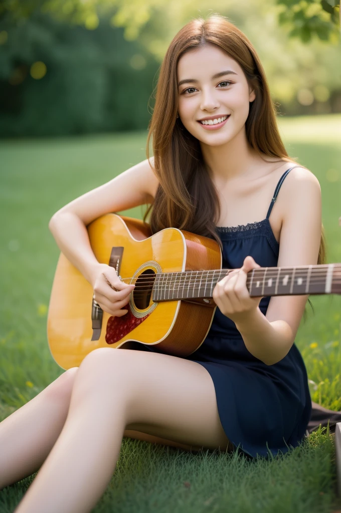 Generate an ultra-realistic image of Sophia Garcia, a 20-year-old Turkish woman, sitting on lush green grass in a peaceful outdoor setting. Sophia is playing the guitar with skill and enthusiasm, and she has a joyful smile on her face. The natural surroundings should be realistically depicted, with a focus on the serene and harmonious atmosphere. Sophia has orange colored light hair and brown eyes, and Turkish face features. Emphasize the ultra-realistic quality of the image, aiming for a photograph-like level of detail.