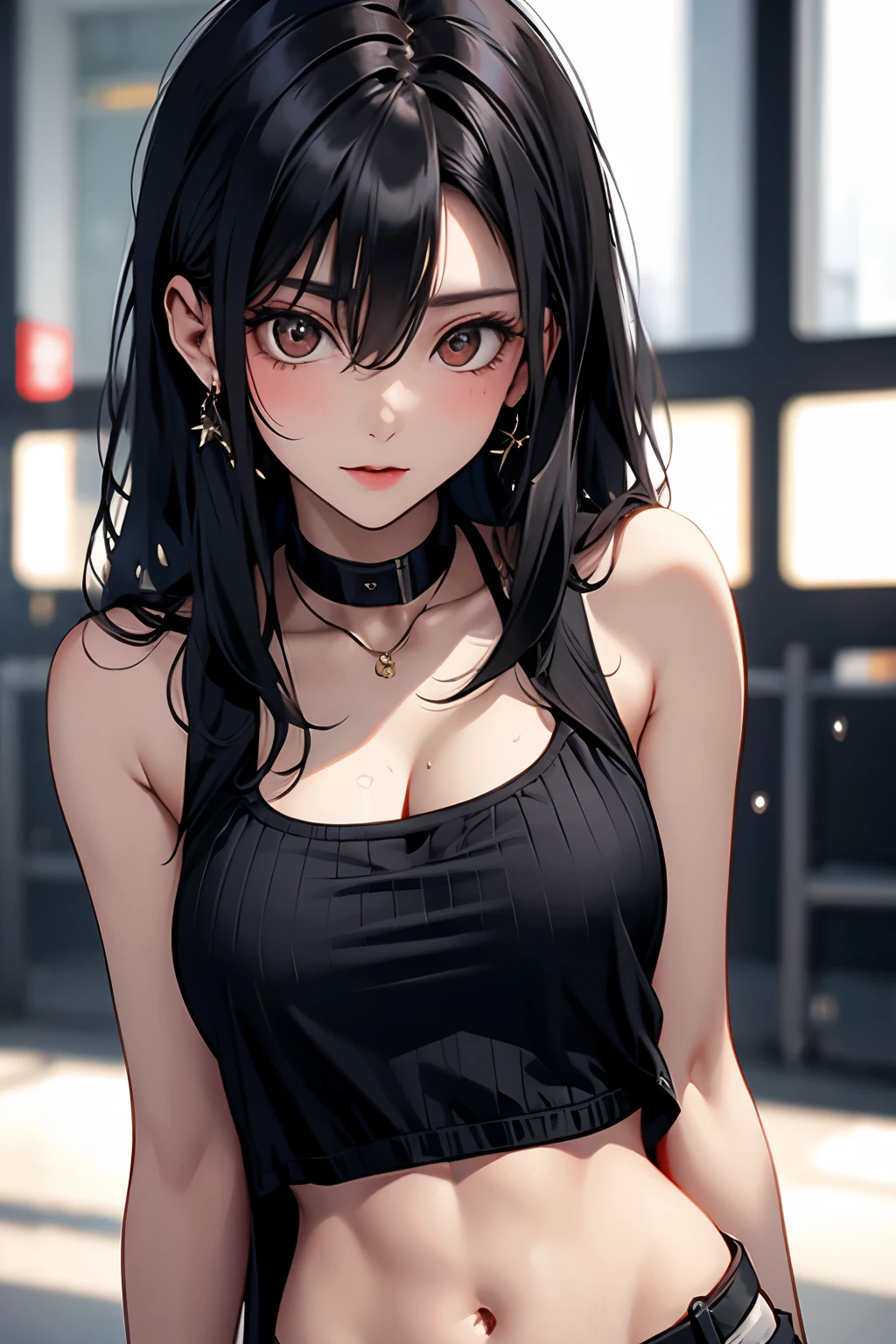 Beautiful girl, black hair, wet skin, sweat, abs, big breasts, cleavage, sexy,