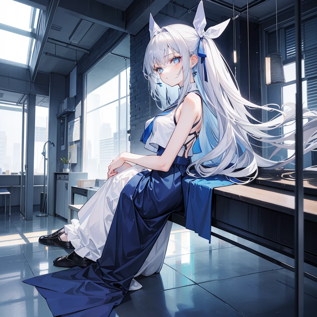 1girl, 164 cm height, tall girl, charismatic, 18 years old, navy colored hair, very long hair, white silver eyes, blue skirt, high , blue ribbon, sitting, butt form, back view, no looking, sit on chair, crouching, juicy