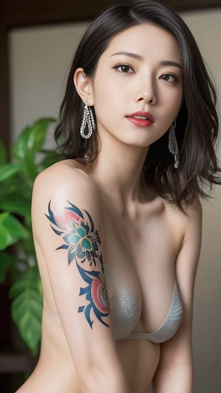 Anime-style woman, thin, thin, whole body, Full of tattoos, Lots of earrings, Beautiful and shiny hair, Rainbow Eyes, Slanted Eyes, Wavy silver hair, Kind and charming, Expose the shoulders, 繊細でセクシーなclavicle, Attractive oval face, double eyelid, Pink Lips, Small Nose, Concentrated face, Ultra-high resolution, Very detailed, Graceful posture, Nice, ultra-thin,( Perfect Naked,arm,shoulder,clavicle,chest,Body paint with tribal tattoos on genitals:1.2), Glowing Skin, Realistic Background, sunlight,(From below:1.3),(Looking down, Display in viewer:1.3)
