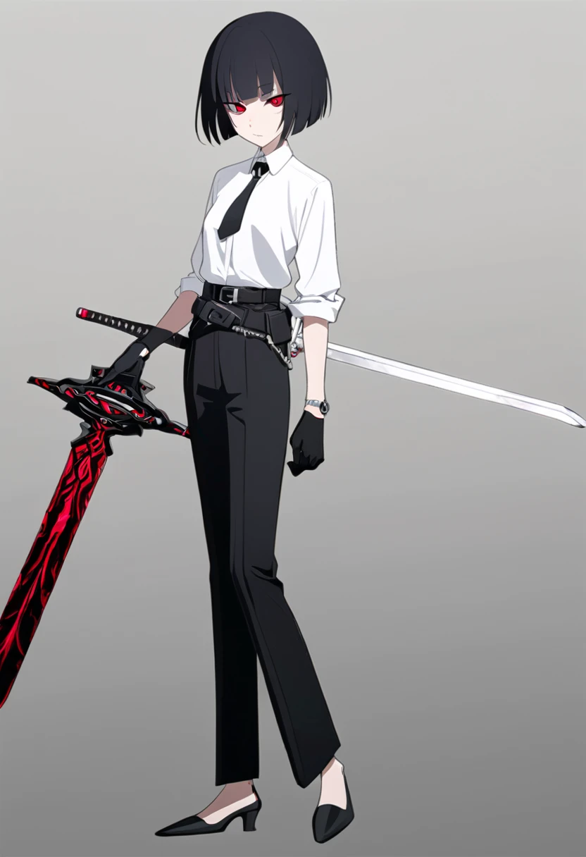 One woman,Dynamic,whole body,Are standing,mysterious,Concept Art,Character Design,Jet black straight hair,The bangs are trimmed to accentuate the eyes.,Well-proportioned face,Sharp Eyes,White shirt,Black tie,Black slacks,Silver cufflinks on the left hand,On the ring finger of her right hand she wears a simple silver ring.。Luxury watches,Black leather shoes,beltでウエストラインを強調,Stylish,Red eyes,belt,Stylish,Simple background gray,Details,Okabo Hair,Half-open eyes,Cool appearance,Black gloves,Short Hair,Narrow eyes,Accentuated body lines,Has a sword on his waist,