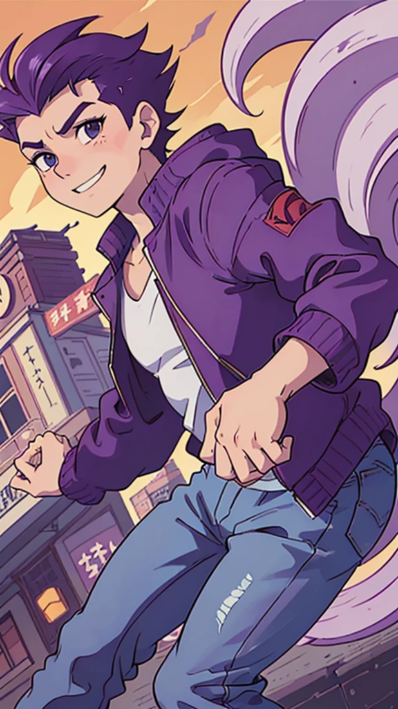 Bad boy, low angle, purple pompadour, red jacket and jeans, looking at camera, smiling, Tokyo city，Pocket Hand，anime