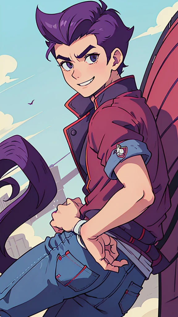 Bad boy, low angle, purple pompadour, red jacket and jeans, looking at camera, smiling, Tokyo city,Pocket Hand,anime