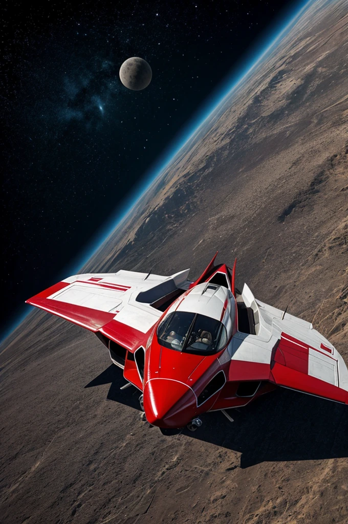 A starship on the planet's surface battles hordes of giant spiders.
Spiders have a metallic sheen.
White starship. The surface of the planet is red.