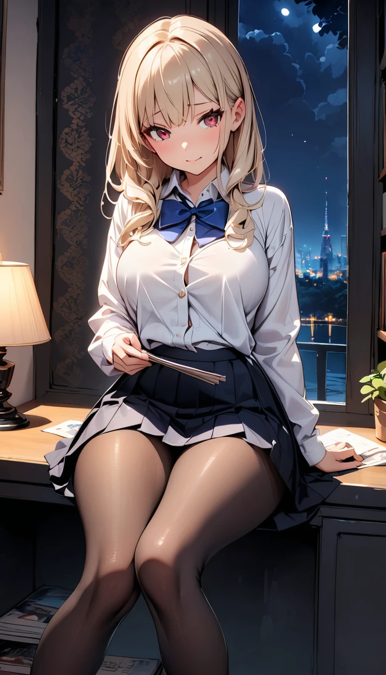 Highest quality, masterpiece,, figure, wallpaper,One girl, alone, , White shirt, Black Skirt, Light Hair, Semi-long hair, Beautiful detailed girl, Highly detailed eyes and face, Beautiful attention to detail, shy, nature_Lighting, shine,Browsing Caution, clean null, View your viewers, Outdoor, night null, star (null), loafers, Black Pantyhose, Blue bow tie, Straight hair, Purple petals, Purple and blue flowers, Red Eyes, ponytail, Blue Ribbon,Gray Hair, thick_Thighs, , Red eyes,