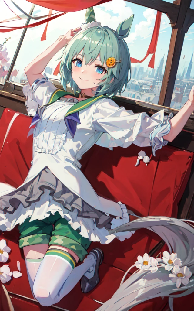 (masterpiece, Highest quality:1.2), alone, One girl, Seiun Sky, smile, View your viewers, Hair Clip, Hair Flowers, Horse's ears, Frills, shirt, Long sleeve, Green shorts, Horse tail, sit、grassland seiunsky, hairclip, hair flower, horse ears, horse tail
frills, shirt, long sleeves, green short pants, white shirt, puffy short sleeves, white thigh highs