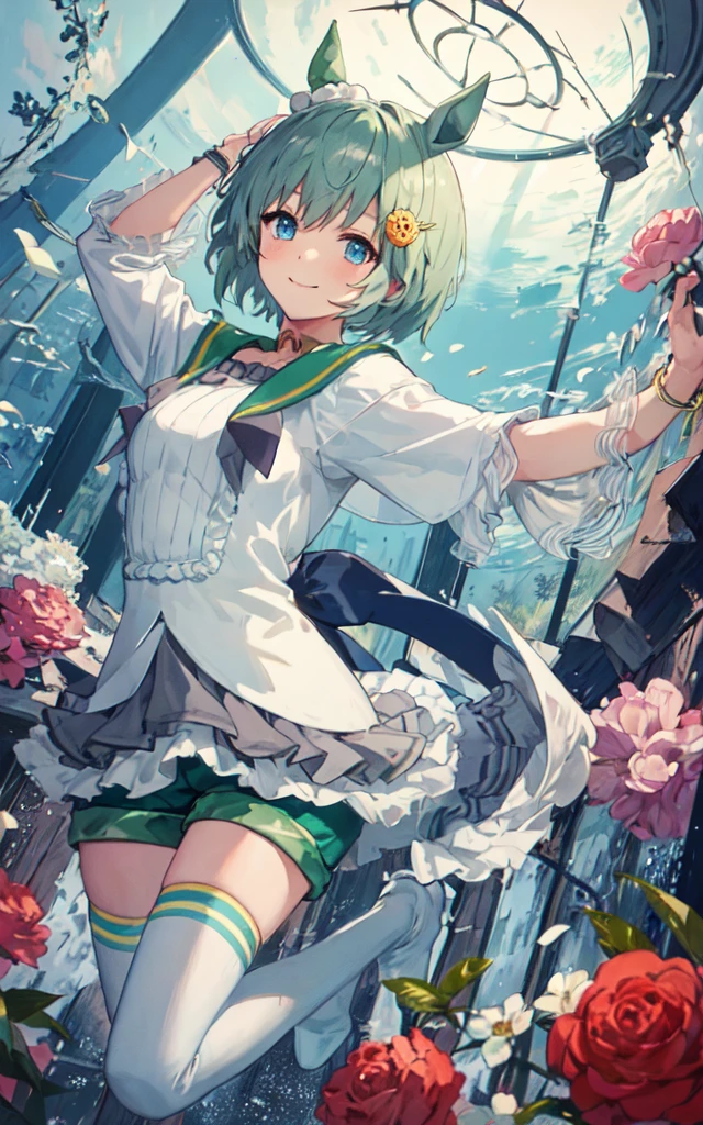 (masterpiece, Highest quality:1.2), alone, One girl, Seiun Sky, smile, View your viewers, Hair Clip, Hair Flowers, Horse&#39;s ears, Frills, shirt, Long sleeve, Green shorts, Horse tail, sit、grassland seiunsky, hairclip, hair flower, horse ears, horse tail
frills, shirt, long sleeves, green short pants, white shirt, puffy short sleeves, white thigh highs