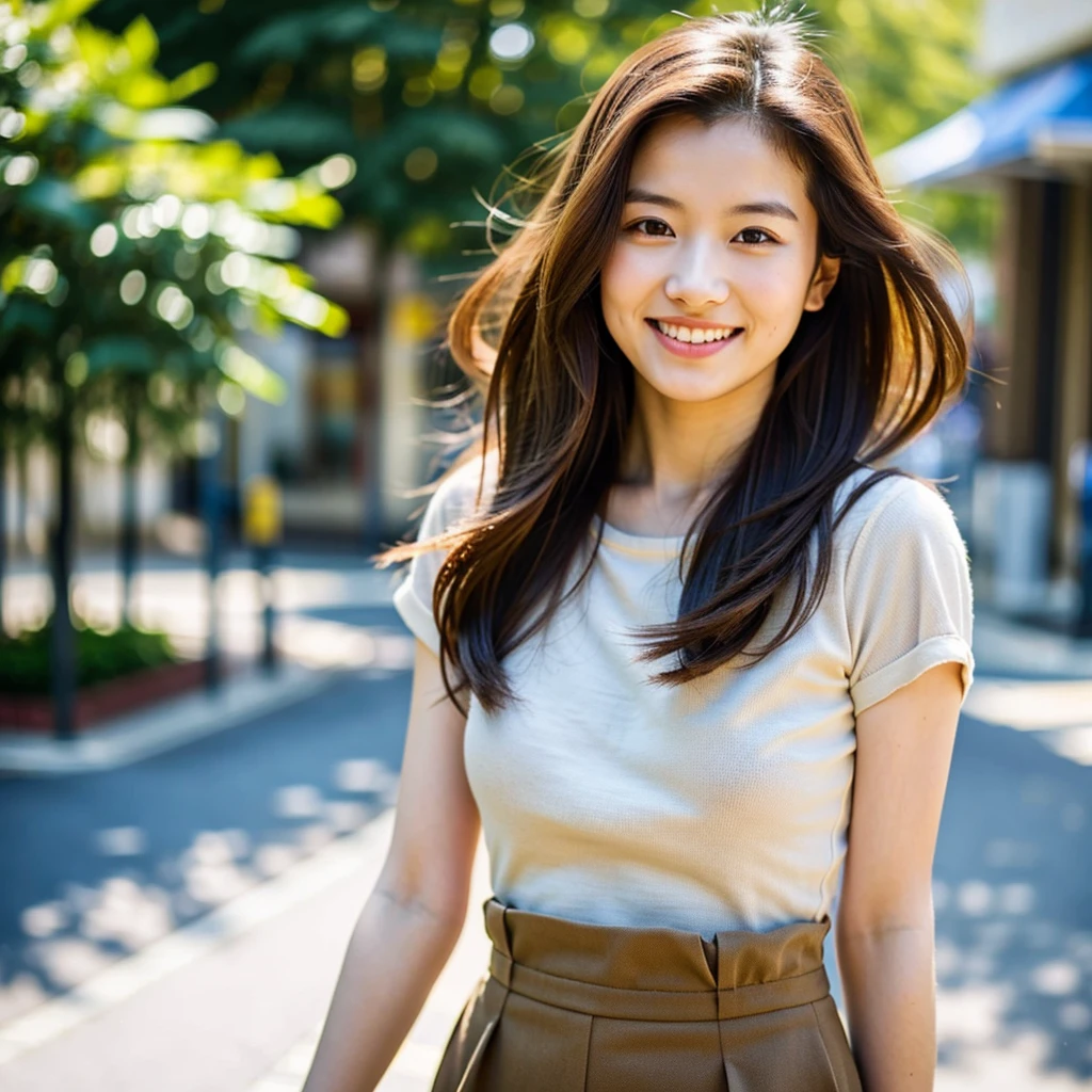 Top quality, 1 beautiful woman, long Hair, brown hair, wearing Camisole & skirt, shy-smile, Sunlight, at street,photorealistic,realistic,8k,highres,cinemagraph,Bust