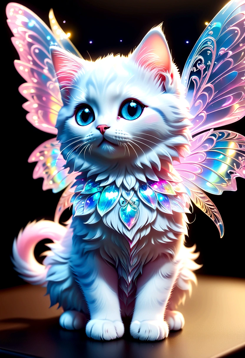 masterpiece, best quality, 8K, High Detail, Ultra Detail, A cute little kitten, Light Blue,With holographic ornate design, Light pink and white, Nearly perfect,There are fairy transparent colorful wings,There is a faint colorful light on the body